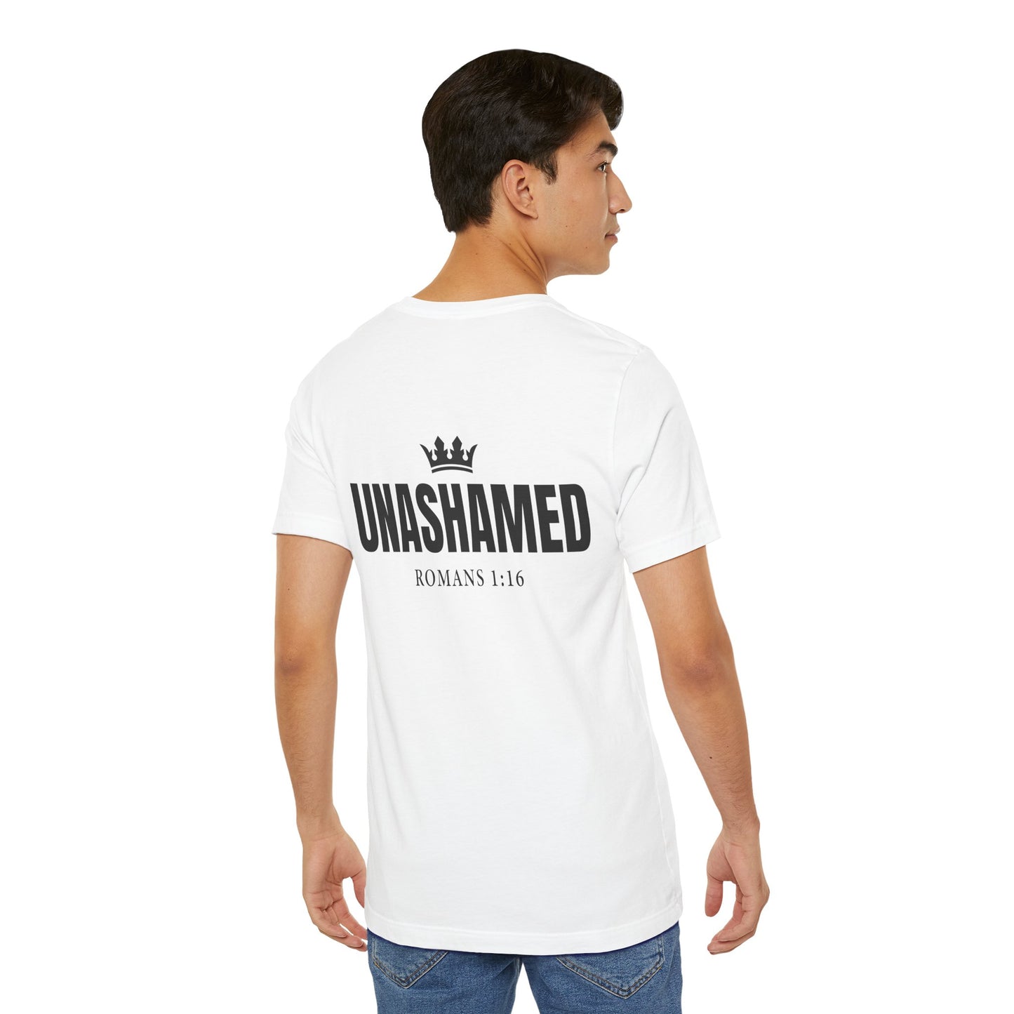 Unashamed Romans 1:16 Tee | Cross logo Christian faith shirt